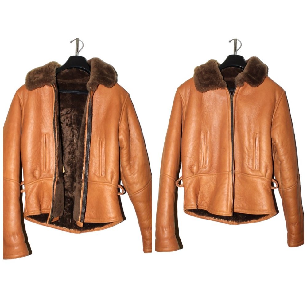 Genuine SHEARLING Leather Aviator Winter Jacket USA Size M Lapels & Hoodie Zip